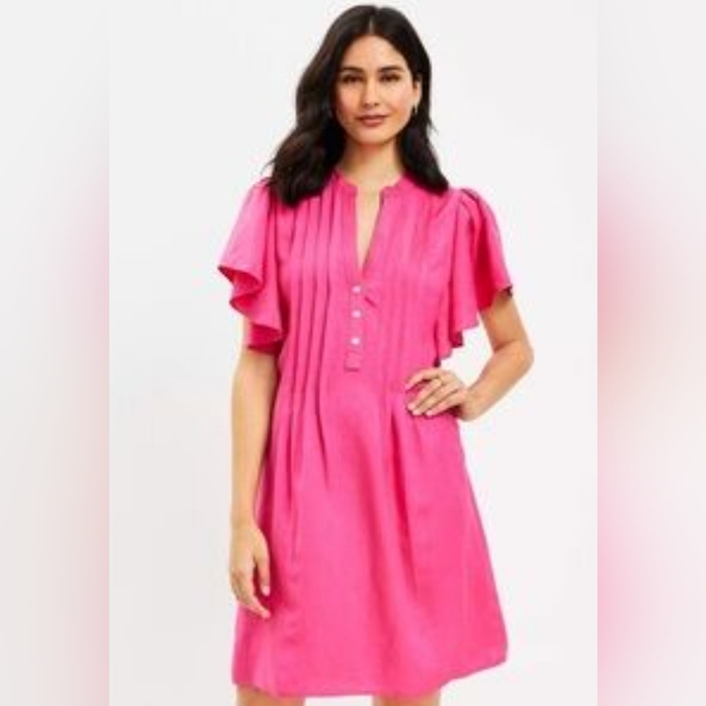 Loft Women Medium Pink Flutter Sleeve Linen Blend Fit & Flare Pintuck Dress